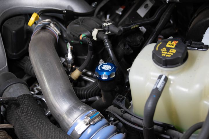 Image 7: Sinister Diesel Oil Fill Cap for 2011-2023 Ford Powerstroke 6.7L (Gray)