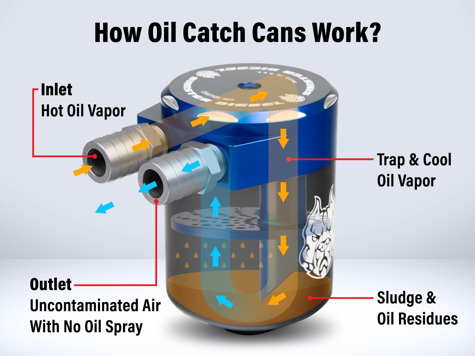 How oil catch cans work: hot oil vapor enters the inlet, is trapped and cooled inside the can, sludge and oil residue collect at the bottom, and clean air leaves the outlet