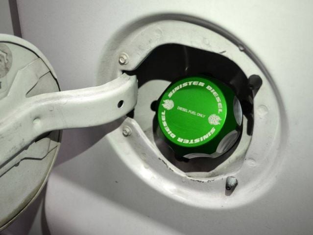 Image 2: Sinister Diesel Fuel Cap for 1999-2007 & 2020-2023  Ford 7.3L, 6.0L, 6.7L Powerstroke (Green)